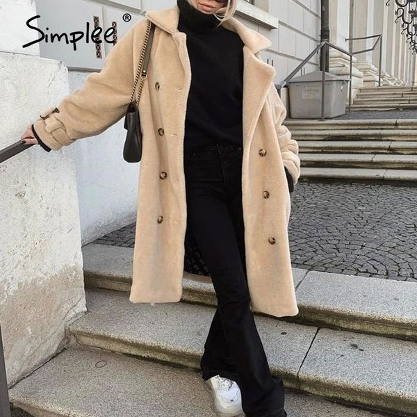 

simplee elegant solid double breasted hairy women fur coat v-neck belt long coat office soft winter warm long jacket ladies 201110, Black