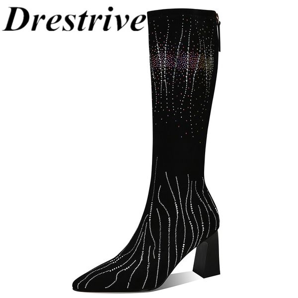 

drestrive women's knee high boots pointed toe crystal high heels  cm 2020 autumn shoes zipper black flock size 42