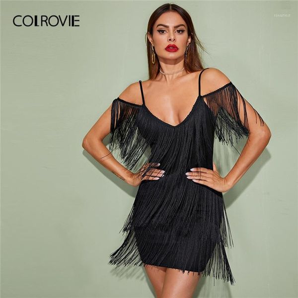 

colrovie black plunging neck layered fringe cami bodycon dress women sleeveless mini dress 2020 spring slim pencil dresses1, Black;gray