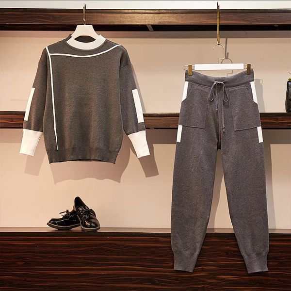 

cbafu l-4xl plus size knitted set autumn winter women tracksuit sweater pullovers elastic pants suit trousers set warm p506, Gray