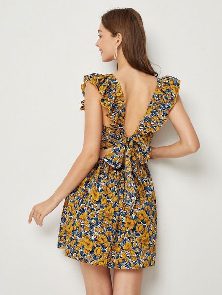

tie open back ruffle armhole allover floral print dress q0z8#, Black;gray