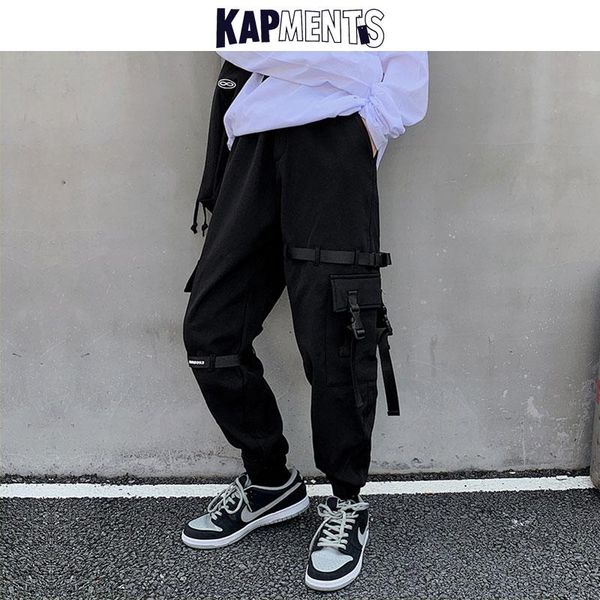 

men's pants kapments men ribbon streetwear pocket cargo 2021 autumn mens korean fashions hip hop trousers male casual baggy joggers, Black