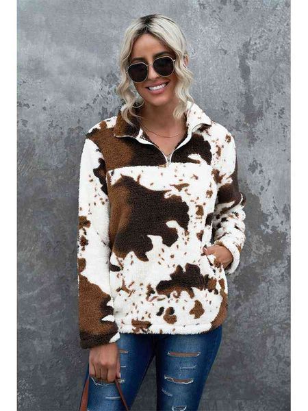 

Women's Jackets Fashion Cow Printed Sherpa Pullover Women Cowhide Oversized Outwear Fleece Coat Ladies Winter Soft Warm Sweatshirt EF8S, Black;brown