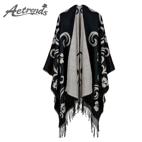 

[aetrends] vintage cape cashmere feel ponchos women long winter poncho scarf z-6166, Blue;gray