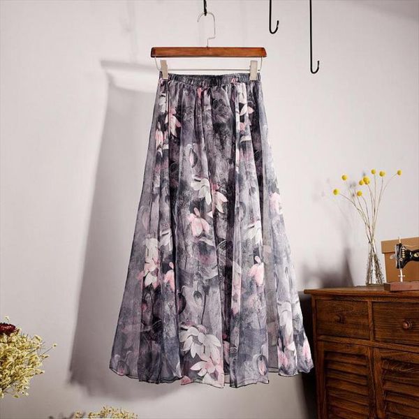 

2020 vintage chiffon skirt bohemia floral printed women boho floor length long maxi beach party loose flare skirt ing, Black