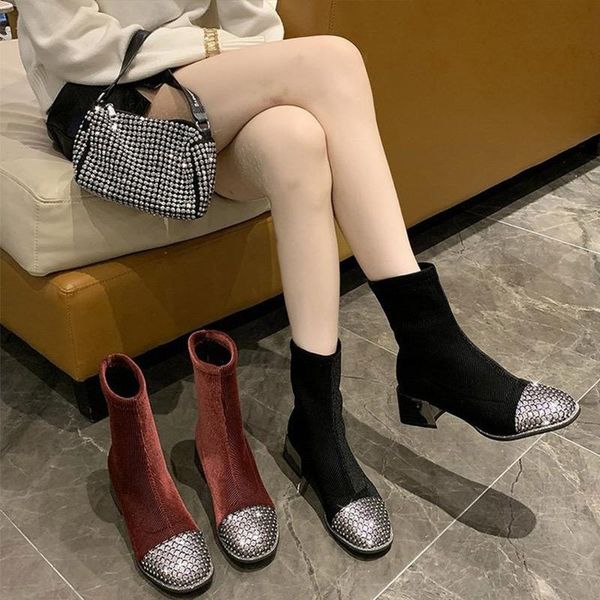 

boots women solid square heel ankle ladies pointed toe short boot female slip on mid heels personal design fashion style, Black