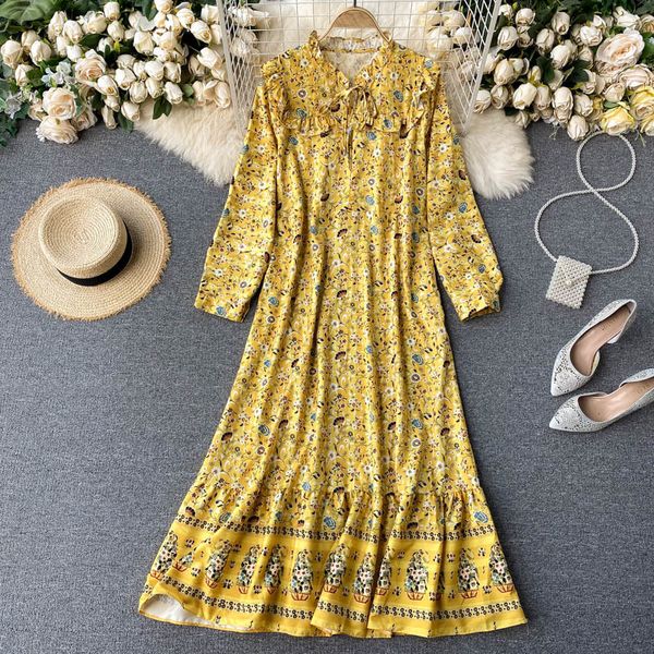

2021 new chiffon female floral printing long-sleeve the line dressed autumn bow cord dress tjgm, Black;gray