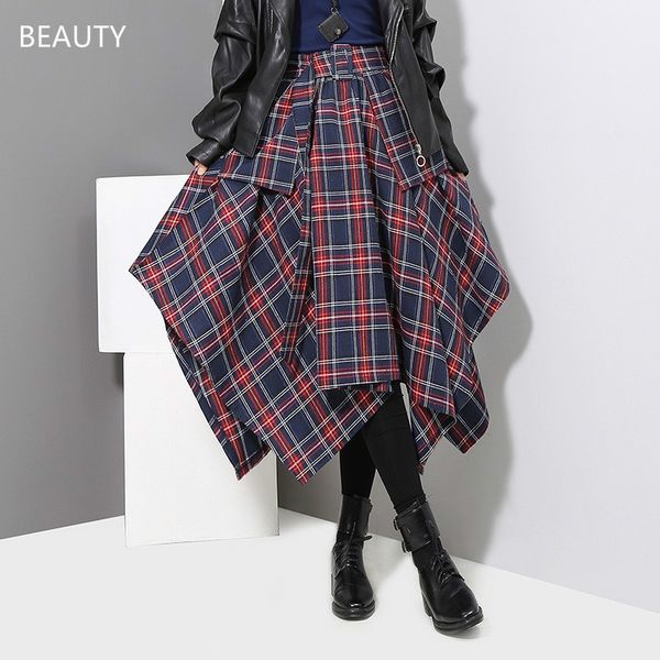 

women's 2020 autumn and winter style irregular half skirt korean version of plaid high waist skirt with belt sss, White