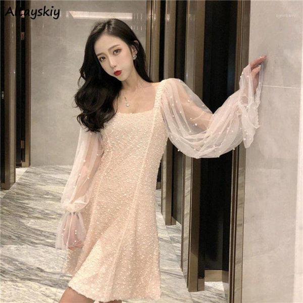

party dress women mesh patchwork puff sleeve pearl elegant ladies square collar slim womens clothing korean soft harajuku1, Black;gray