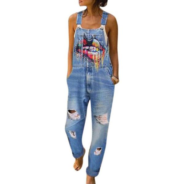 

women summer street overalls pants printed teeth women's hollow out fashion jeans, Blue