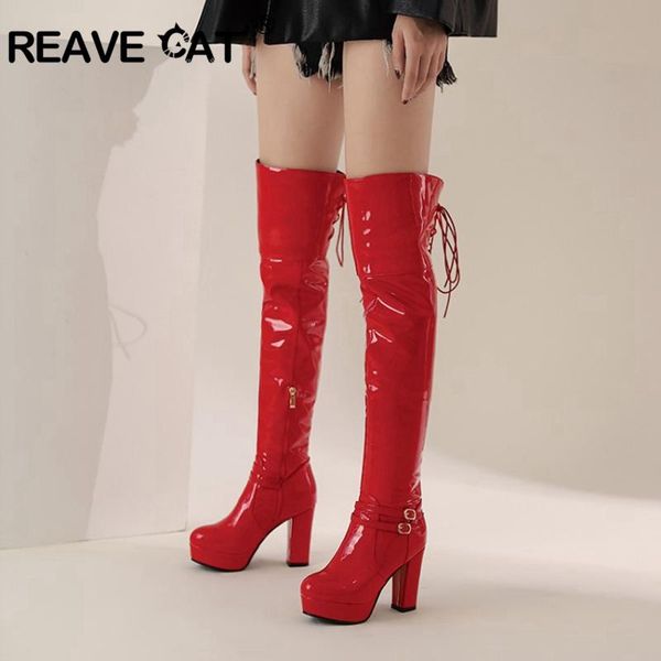 

reavefcat autumn winter over-the-knee boots round toe 10cm square heels patent leather zipper big size 34-48 club a3206, Black