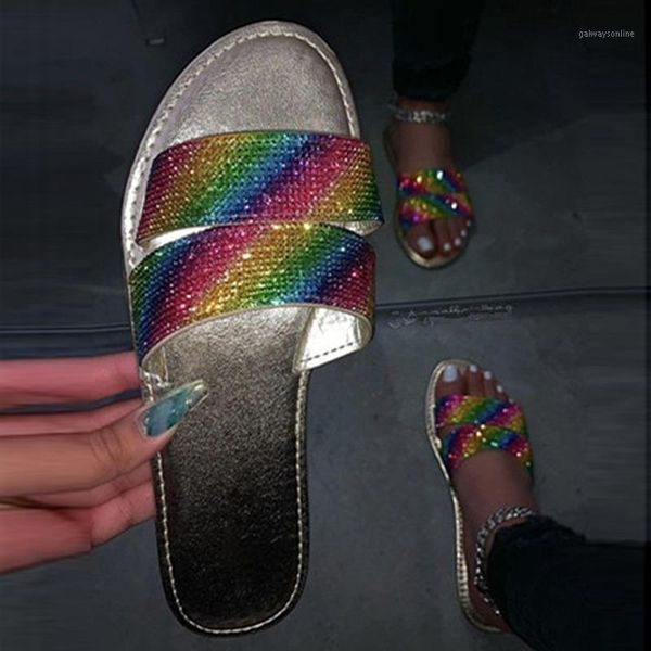 

slippers summer ladies cross point drill non-slip flat shoes beach party rainbow 20211, Black