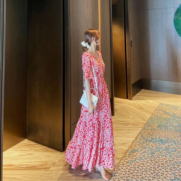 

платье летом 2020 французского стиль длинной юбки белого и тонкий v-образный вырез с коротким рукавом юбкой популярной талии вырезать цветок, Black;gray