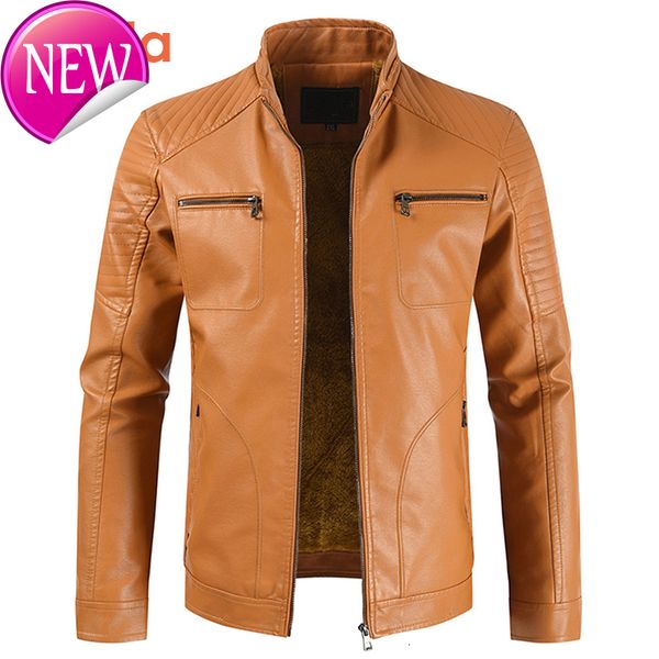 

2020 men spring new vintage casual style fleece leather jackets coat men outwear fashion motor bike faux leather jacket men, Black