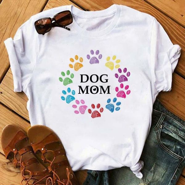

women t shirt dog mom paw kawaii floral print shirt women short sleeve o neck loose t ladies causal tee, White