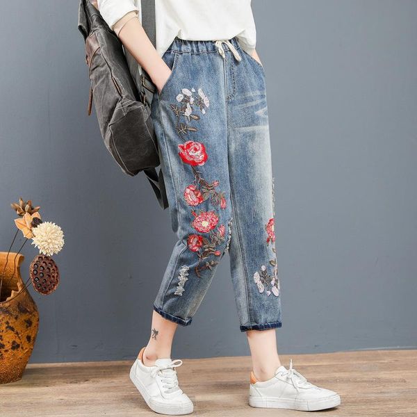 

embroidered jeans new elastic waist holed denim capris loose retro harem, Blue