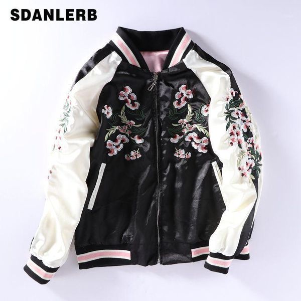 

short jacket cherry pollen embroidery baseball coat women / men two-sided yokosuka bf long sleeved jackets student spring autumn1, Black;brown