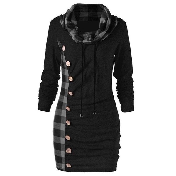 

spring women's dress 2021 fashion plaid scarf collar buttons decoration patchwork dresses for woman casual ladies party vestidos, Black;gray