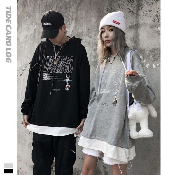 

autumn winter hoodie sweater men's women's lovers' wear temperament comfortable splicing fake two-piece letter printing tide, Black
