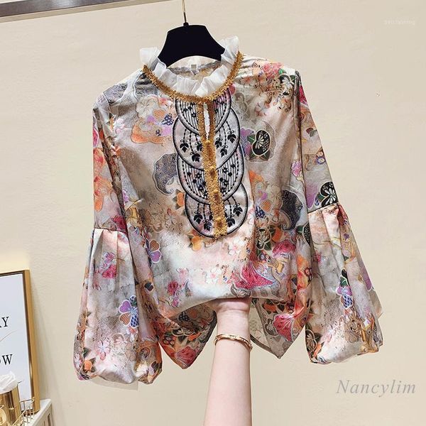 

2020 fall autumn new women's floral shirt long lantern sleeve chiffon blouse female lady stand fold collar 1, White