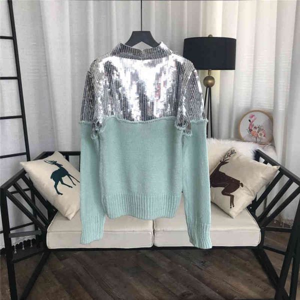 

designer aqua green sequins women's sweaters blingbling patchwork pullovers womens 827781, White;black