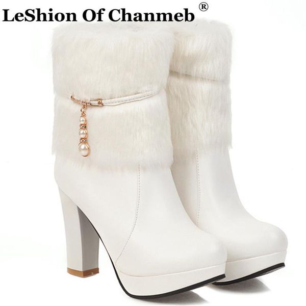 

size 34-43 women's snow winter boots thick faux fur lined pearls drop boots for ladies high heel platform booties shoe nude pink, Black