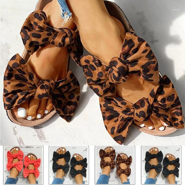 

slippers 2021 summer women's sandals leopard bowknot roman flat casual beach indoor&outdoor shoes1, Black