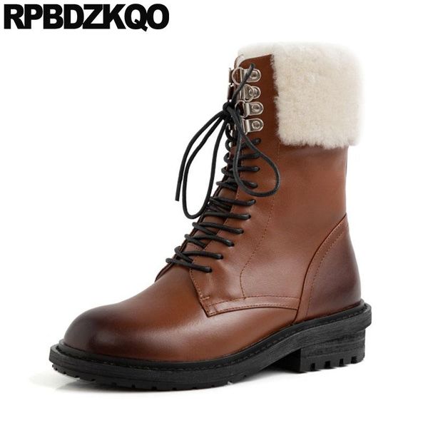 

boots plush real fur shoes black front lace up casual ankle autumn sheepskin british chunky metal fluffy brown women furry warm