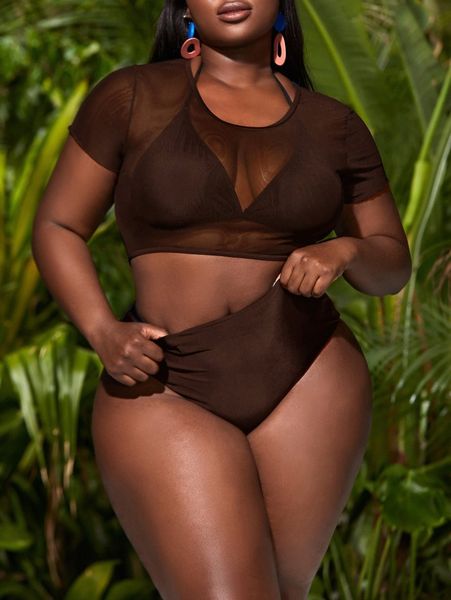 

3pack plus solid halter bikini swimsuit & cover up a1jv#, Black