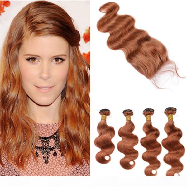 

medium auburn virgin hair closure with bundles #30 light brown peruvian body wave human hair weaves extensions with lace closure 4x4, Black;brown