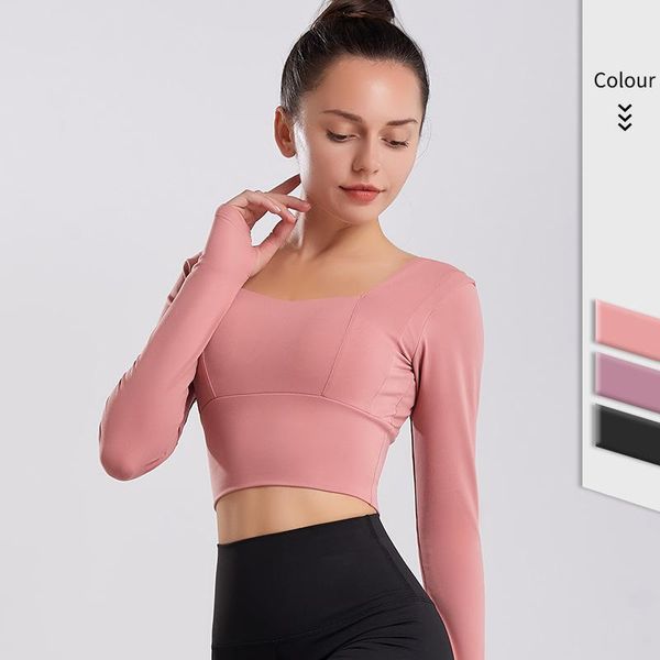 

yoga outfits long sleeve sport with pad women clothes backless gym training crop female fitness short t-shirt workout shirt pink, White;red