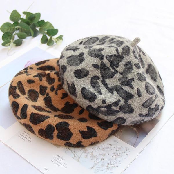 

berets boinas para mujer hat women fashion retro leopard beret korean wild wool caps for chapeau femme czapka zimowa 2021, Blue;gray