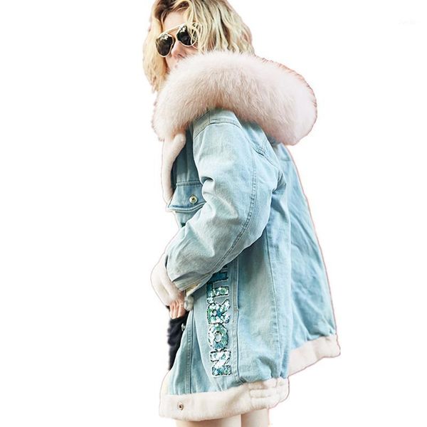 

winter new luxury jacket 2020 jean outerwear women leisure wool embroidery denim jacket fur collar hooded padded coat sun601, Black