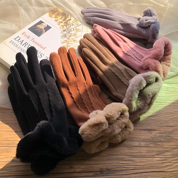 

canier fur integrated with plush, warm cold proof, touch screen driving, five finger gloves, female winter and autumn gift box, Blue;gray