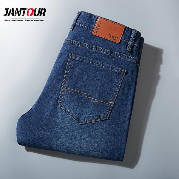 

jantou men jeans большой размер 44 46 48 бизнес повседневная синяя эластичная сила мода прямые джинсовые джинсы брюки мужской брелки брюки, Blue