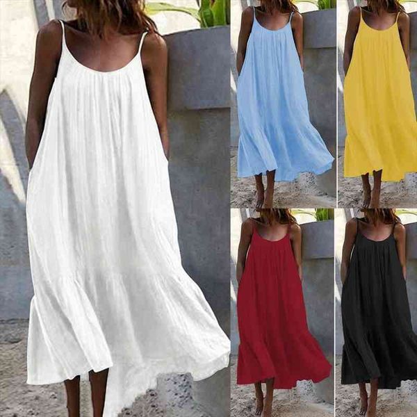 

summer dress low round neck loose casual women sling solid color dress for beach, Black;gray