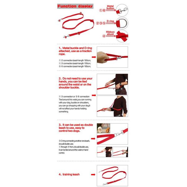 

6 way multi-functional nylon dog leash adjustable lead hands pet training leash black bbyezc