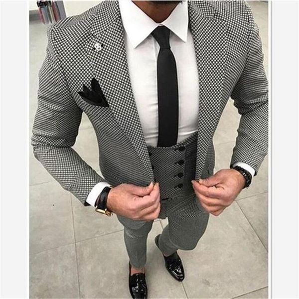 

new custom made men checkered suit dresses tailored black weave hounds tooth check wedding mens suits 3 pcs jacket+pants+vest, White;black