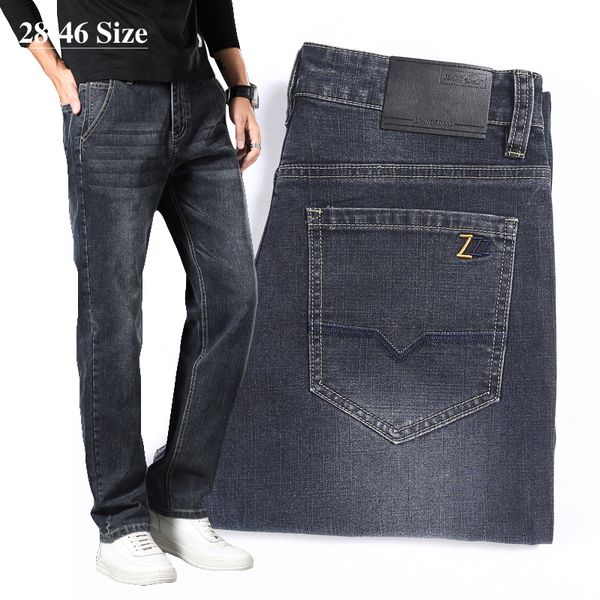 

brand men's fashion jeans plus size 40 42 44 46 classic black gray business casual denim pants slim straight-leg trousers male q0105, Black;white