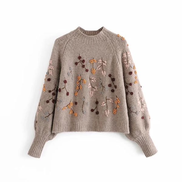 

new 2021 women beading crop knitted sweater woman winter warm tunic vintage embroidery puff long sleeve pullover ifj5, White;black