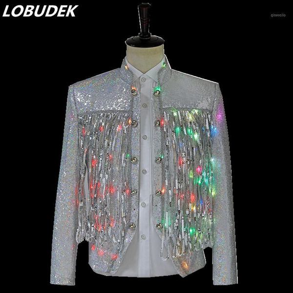 

men's colorful led luminous jacket stage costume punk rock singer jazz dancer white sequin tassel slim coat performance jackets1, Black;brown