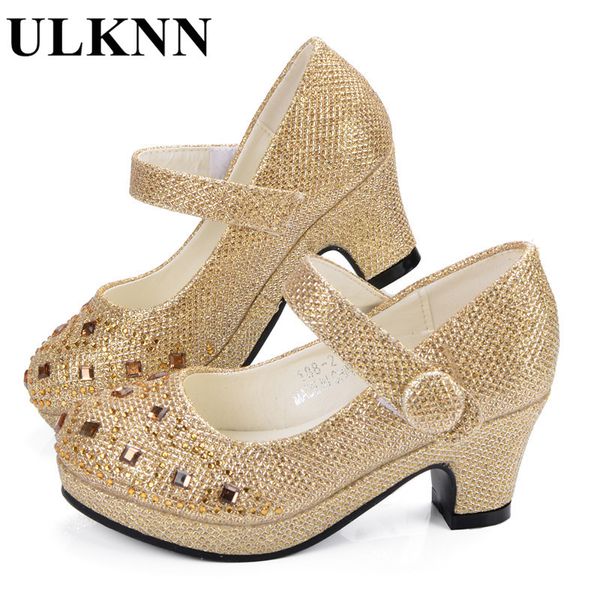 

ulknn girl shoes for kids high heel platforms leather rhinestones party dress children shoes kids suit soft insole silver gold 1029, Black;red