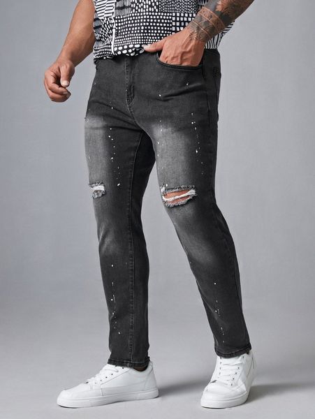 

extended sizes men zipper fly ripped tapered jeans r0g4#, Blue