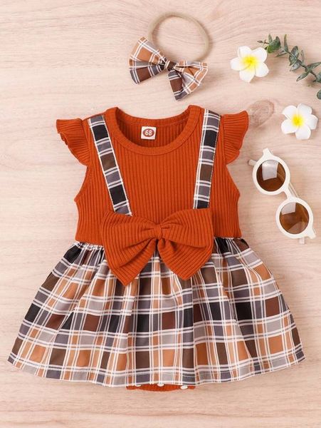 

baby bow front plaid combo bodysuit dress she, Red;yellow