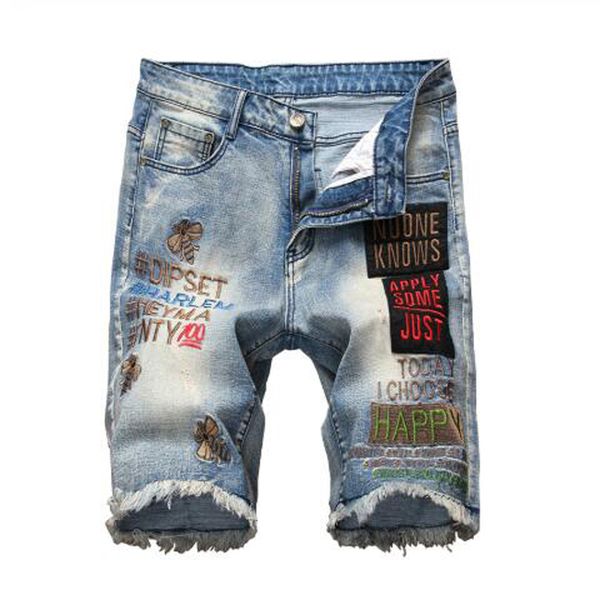 

2021 new men's male fashion knee length letters embroidery fringe shorts plus size bees embroidered patches slim straight denim jeans l, Blue