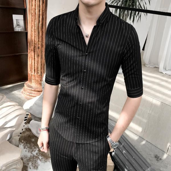 

summer men's set two piece short sleeve shirt and calf-length pants stripe two piece set and short fashion stripe1, Gray