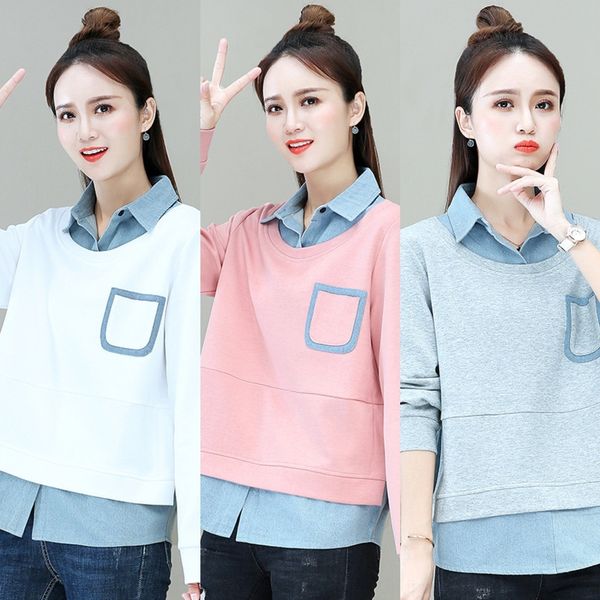 

ia7gc women's fake two-piece sweater slimming autumn new korean style coatcoat 2020 long sleeve denim stitching cotton coat coat sweate, Black