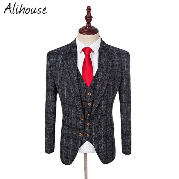 

black tweed groom tuxedos for men bespoke plaid men wedding suits with pants 3 piece costume homme man blazer, White;black