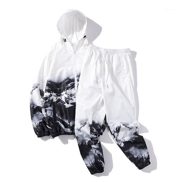 

two piece set chinese style tracksuit loose casual windbreaker hooded jacket and elastic waist joggers pants suit men and women1, Gray