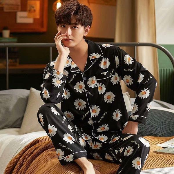 

satin men sleepwear autumn new pijamas loose casual 2pcs pajamas suit nightwear autumn new sleep set lapel nightgown home wear1, Black;brown